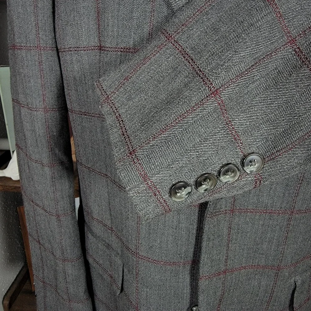 Tasso Elba Men's Sport Coat Gray Herringbone Plaid‎ Poly Wool Size Large 42-44